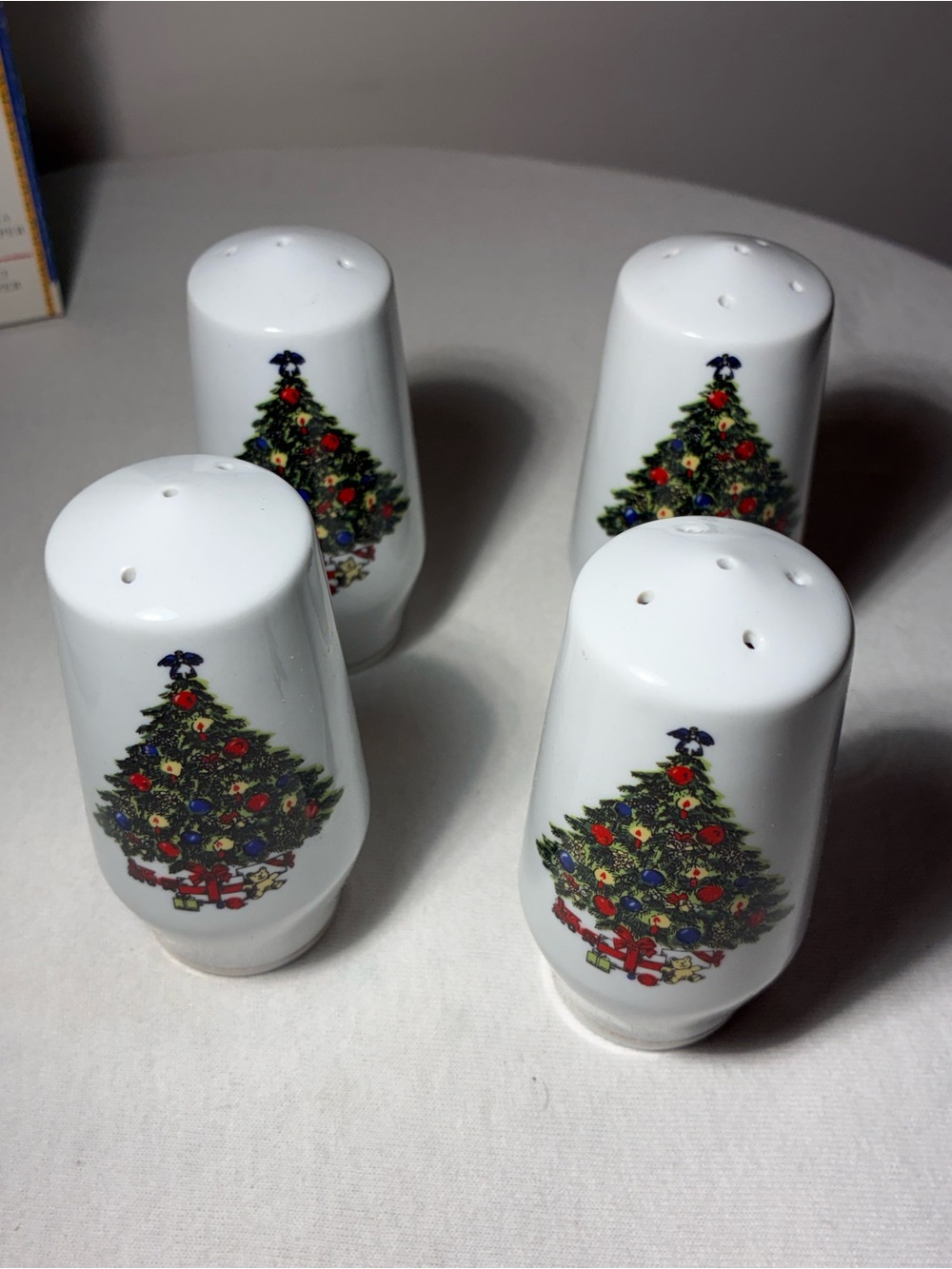 Vintage Christmas Tree Salt & Pepper Shakers Set of 4 Fine China w/ Box NOS